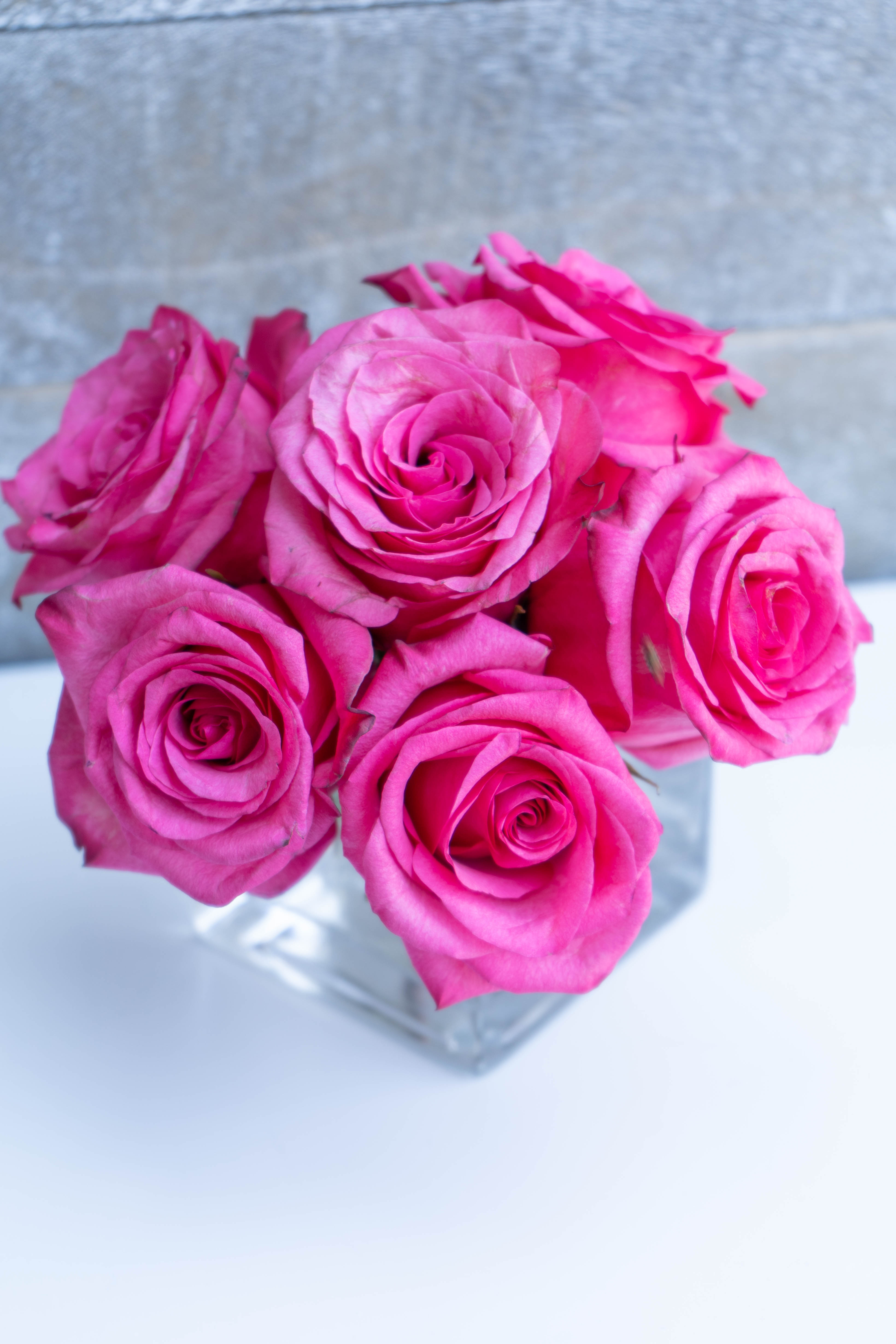 Bouquet of bright pink roses in a clear glass vase