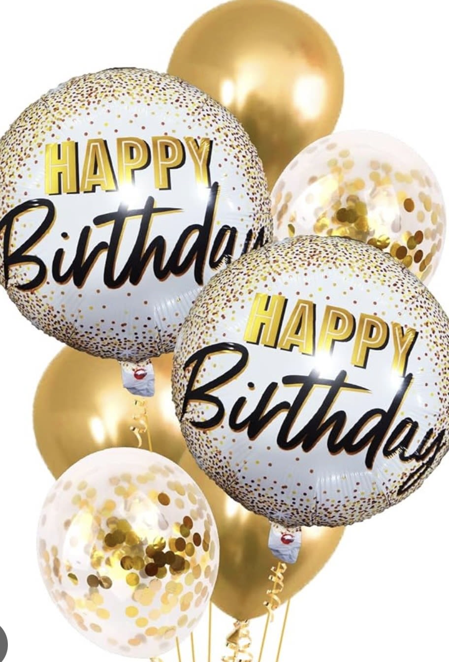 Cluster of gold and clear birthday balloons with confetti and "Happy Birthday" text