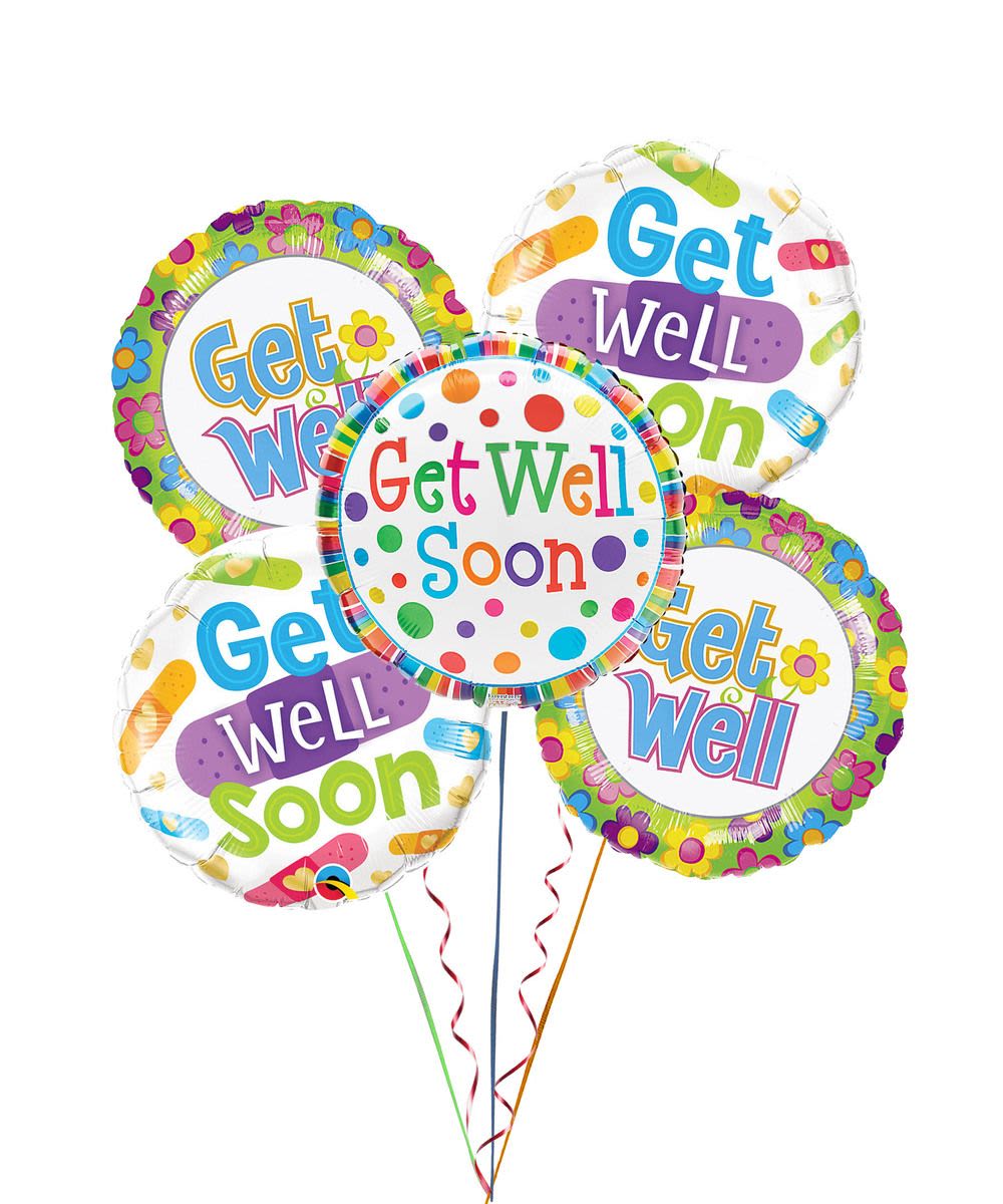Cluster of colorful get well soon balloons with ribbons