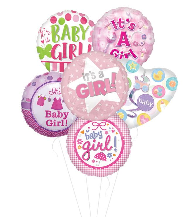 Cluster of pink baby girl balloons with celebratory text