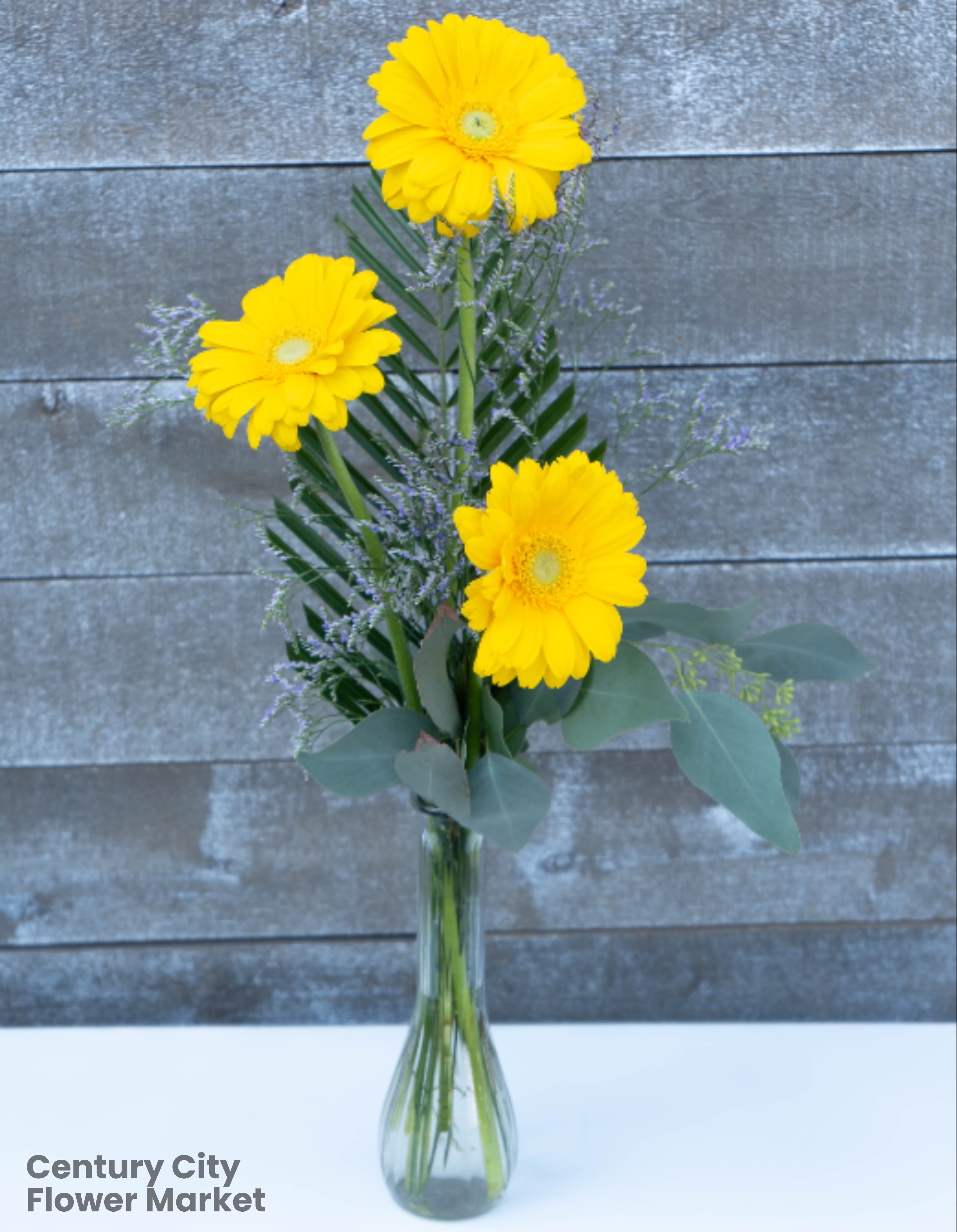 Three yellow gerbera daisies in a clear glass vase