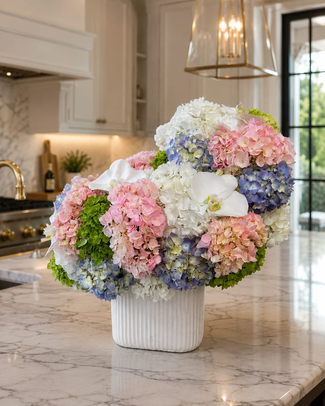 Hydrangea Cloud - A breathtaking arrangement designed to make a lasting impression. Hydrangea Cloud features an abundant collection of premium hydrangeas in soft shades of pink, blue, green, and white, accented with elegant white orchids. Artfully arranged in a modern ceramic vase, this luxurious design brings beauty, sophistication, and freshness to any space.  Perfect for birthdays, anniversaries, housewarmings, thank-you gifts, sympathy expressions, or simply brightening someone's day. Its lush, cloud-like shape and romantic pastel palette make it a stunning centerpiece for the home or office.