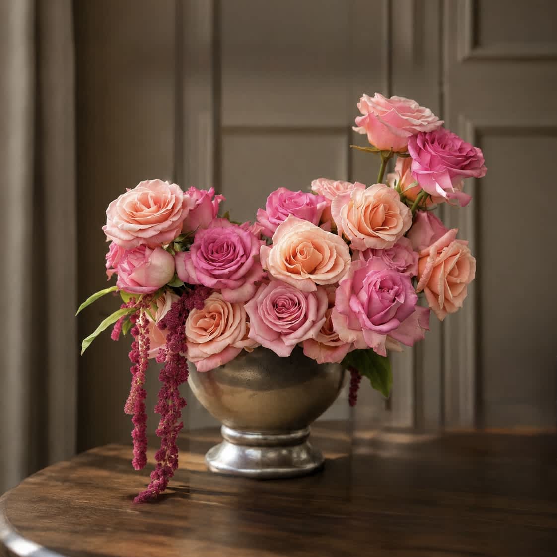 Pink and peach roses arranged in a silver vase