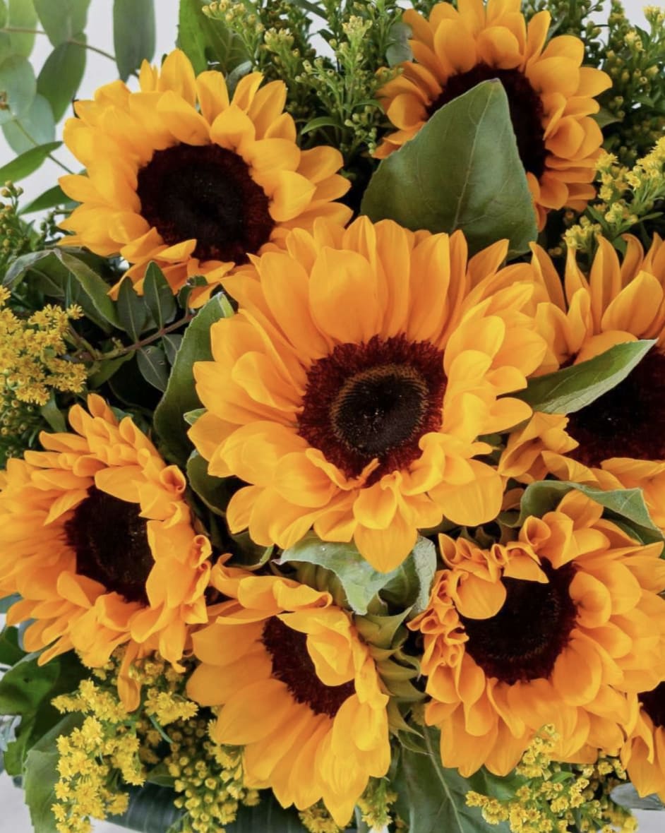 Bouquet of orange sunflowers with yellow filler flowers