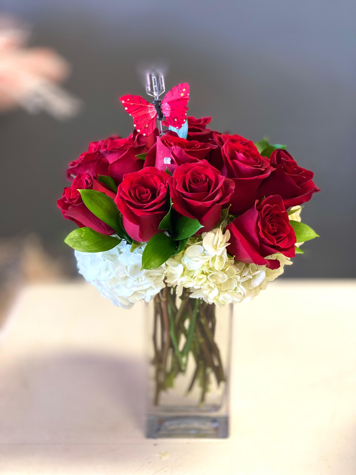 Red roses in a clear square vase with white hydrangeas and a butterfly pick