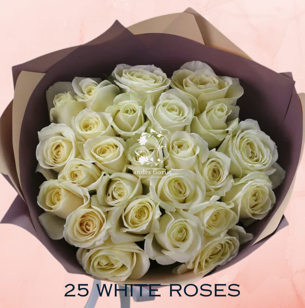 Bouquet of white roses wrapped in dark paper