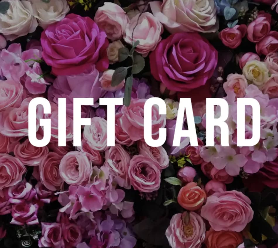 Pink and white roses with hydrangea behind the words "GIFT CARD"
