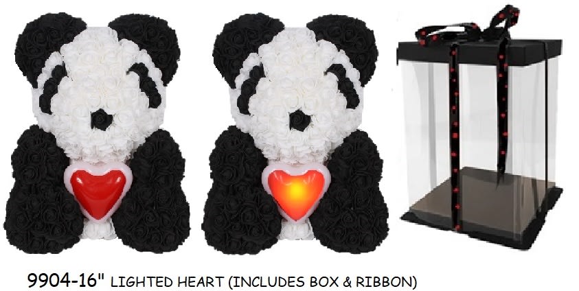 Black-and-white panda-shaped rose arrangement with a red heart and gift box