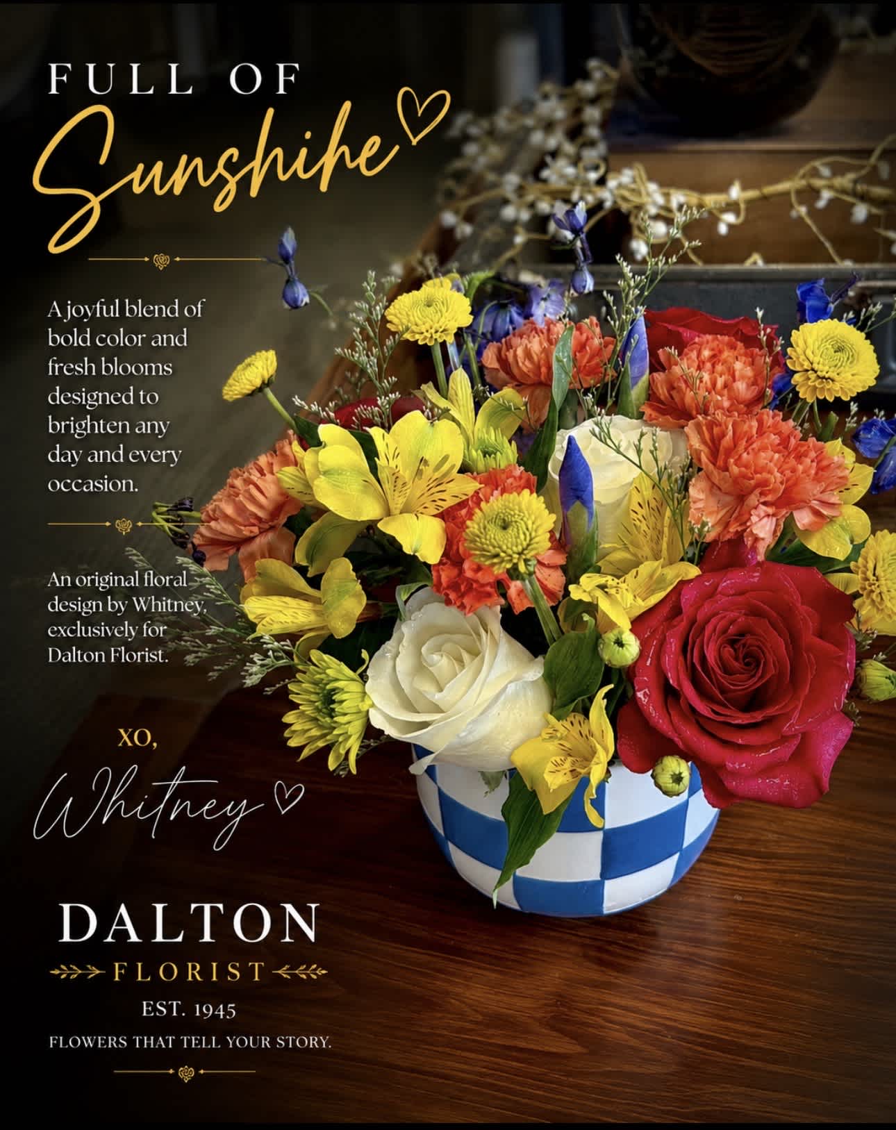 Colorful mixed flower arrangement in a blue-and-white checkered vase