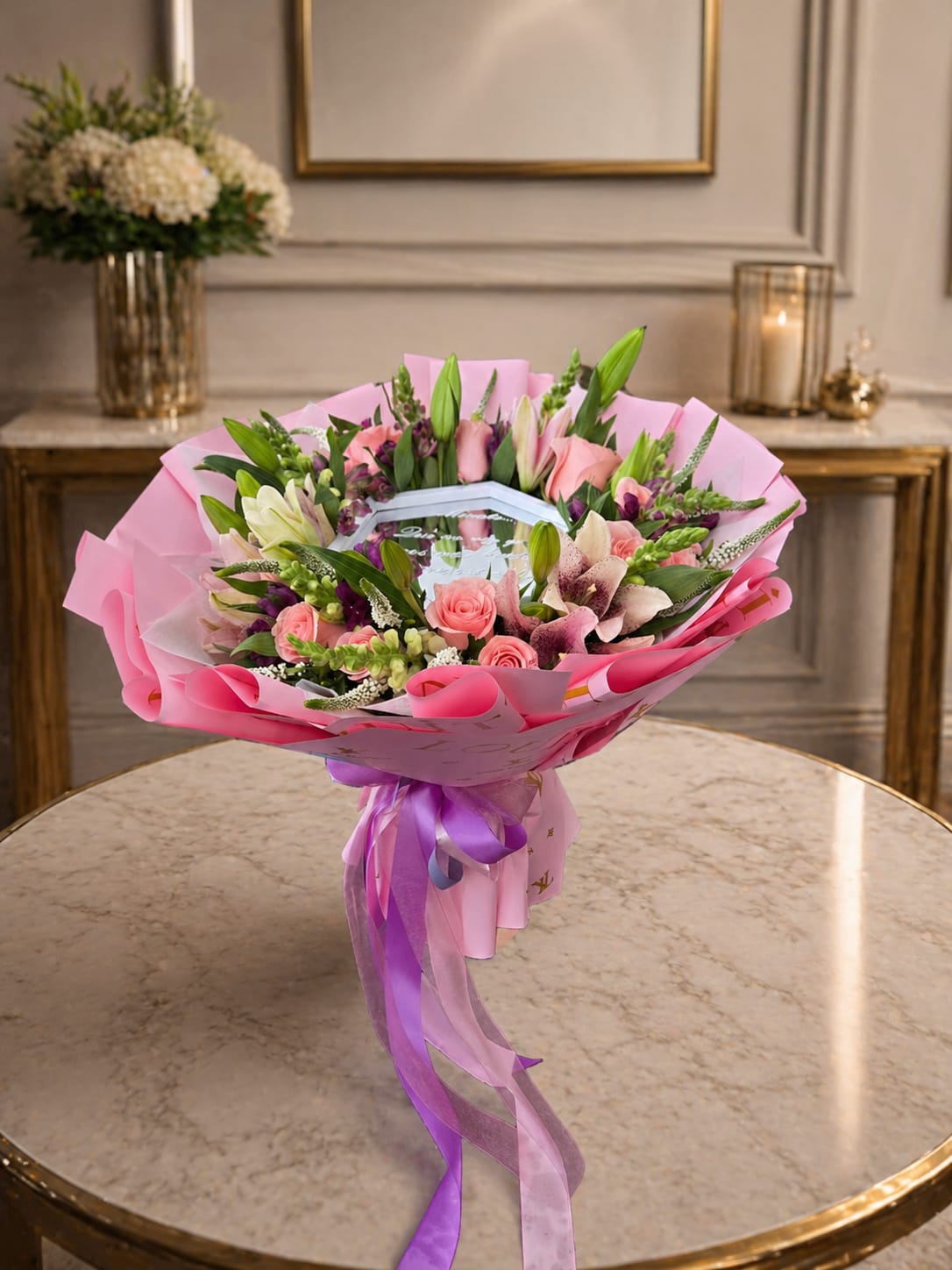 Mirror Bouquet - Hermoso ramo en tonod rosados, acompanado de un mensaje lleno de amor, es el regalo perfecto para expresar lo que no pueden decir las palabras. 