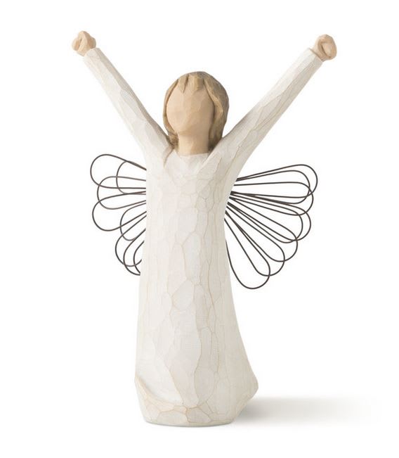 Small angel figurine with raised arms and wire wings