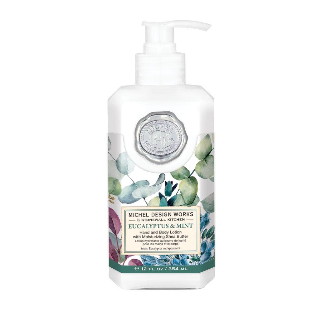 Bottle of eucalyptus and mint hand lotion with floral label