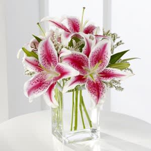 The Pink Lily Bouquet - Send this sweet bouquet as an expression of your sympathy. Fragrant pink Stargazer lilies are accented with pink statice and arranged in a clear glass vase.