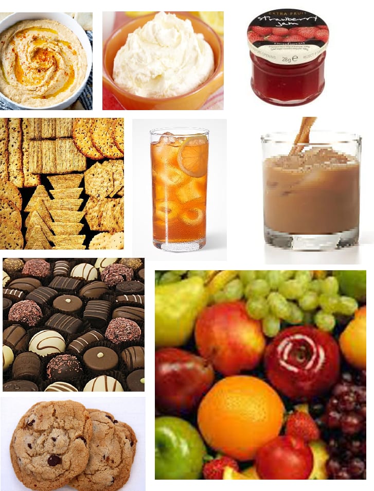Collage of assorted snacks and drinks including crackers, dips, fruit, chocolates, cookies, and iced beverages