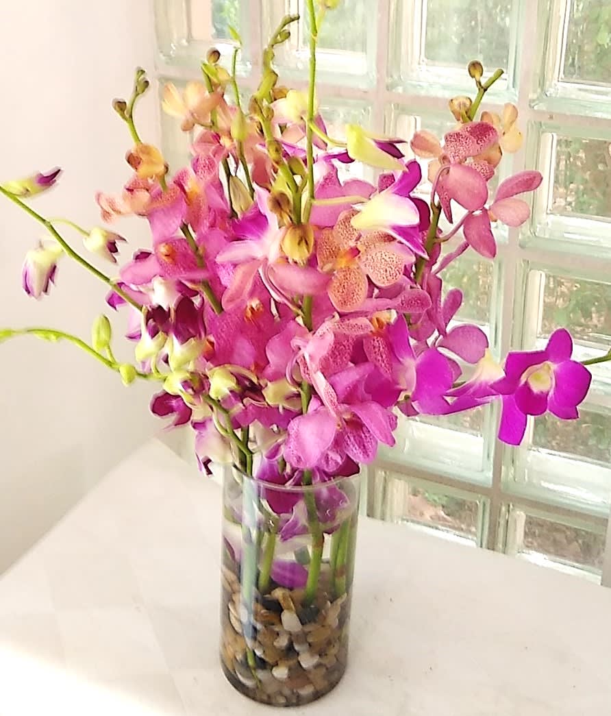 Pink and purple orchids in a clear glass vase with pebbles