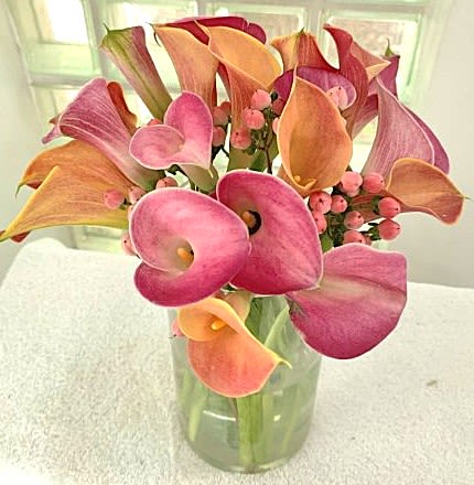 Beauty - A compact cluster of pink, peach, purple, yellow, white and/or soft coral calla lilies creates an instantly romantic, sculptural statement-perfect as a birthday bouquet, anniversary arrangement, or a just-because surprise. The graceful trumpet shapes and warm color mix read cheerful and refined, the kind of gift that makes the person you're thinking of feel truly seen and celebrated.  Tightly gathered in a clear glass vase, the arrangement highlights the callas' smooth curves and glossy stems; small pink berry accents peek between blooms for a touch of texture and charm. The design is compact but lush, ideal for display on a bedside table, desk, or dining centerpiece. Simple care-fresh water in the vase and a cool spot away from direct sun-keeps the lilies looking polished for days, and the size works well for both intimate gestures and celebratory displays.