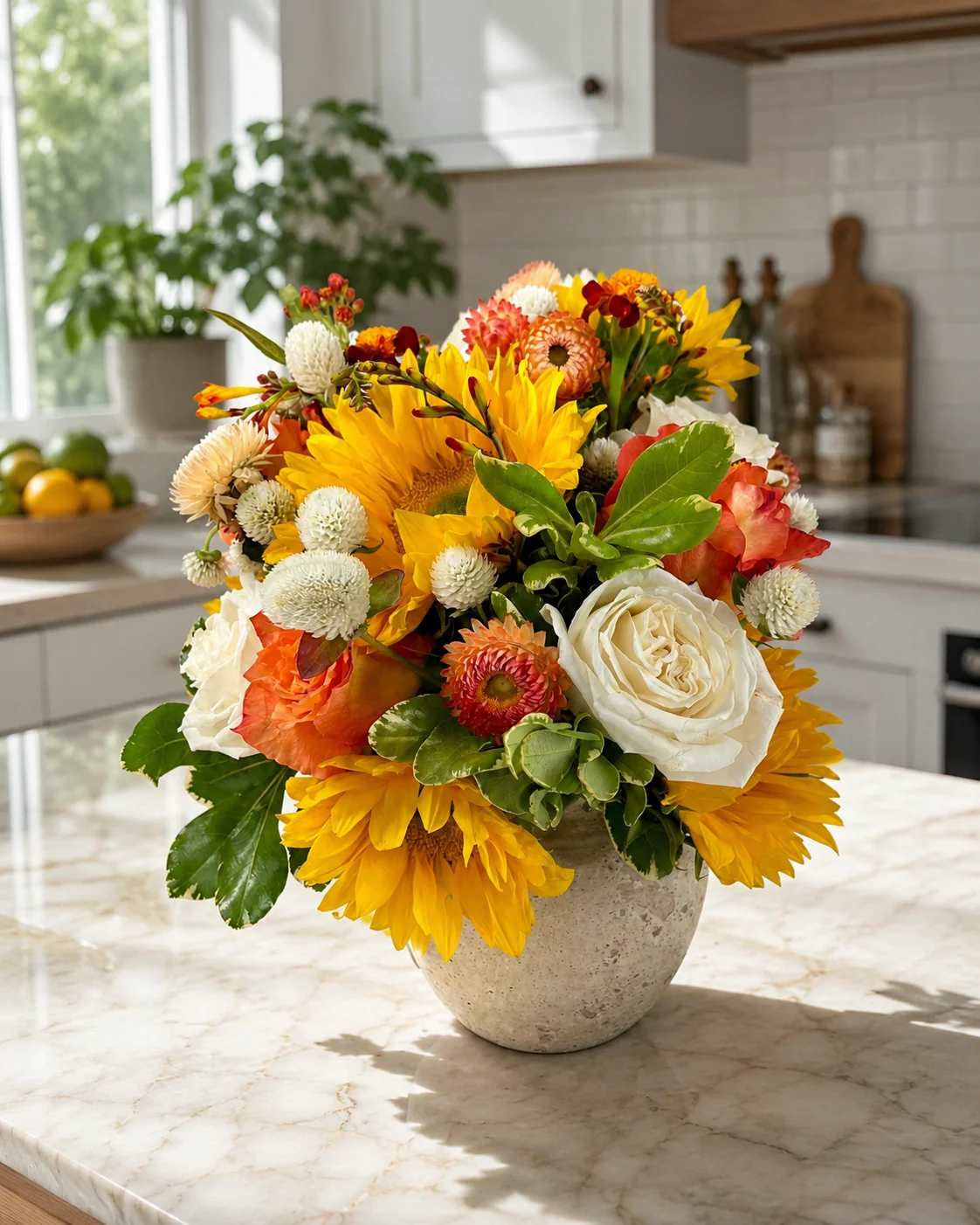 Bright bouquet of sunflowers, white roses, and orange blooms in a stone vase.