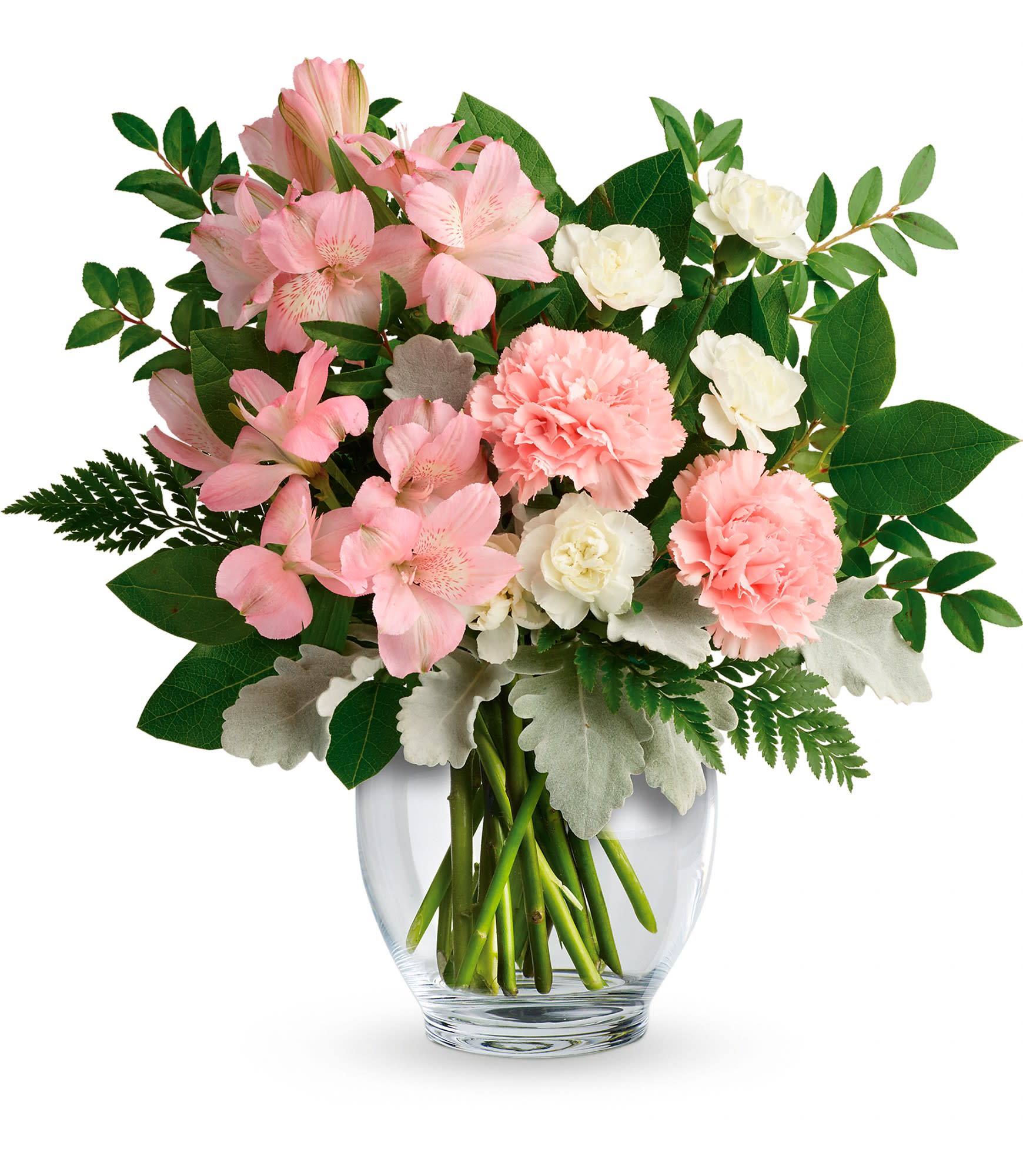Pink alstroemeria and carnations in a clear glass vase