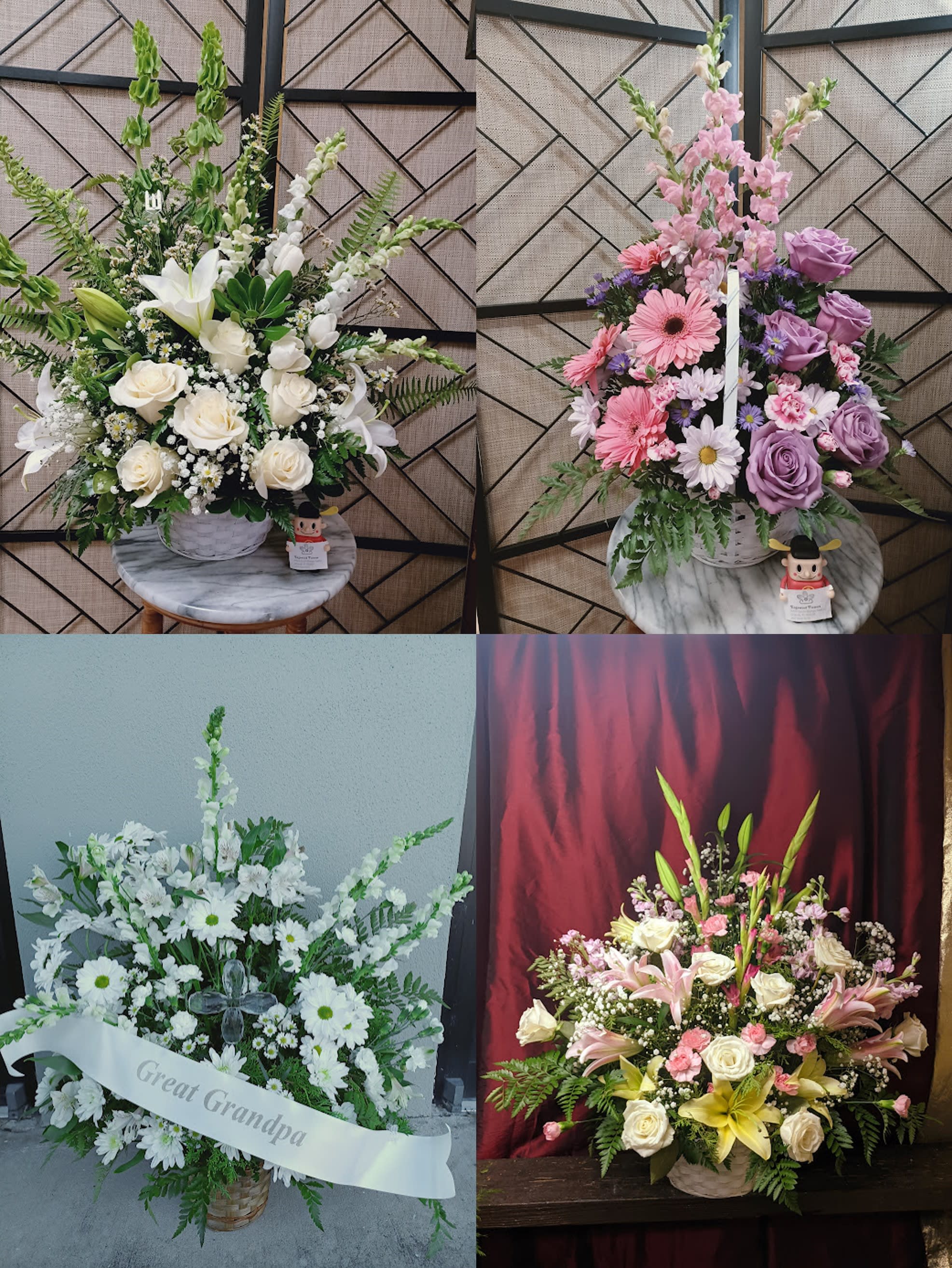 Four floral arrangements in baskets and vases, including white, pink, purple, and mixed blooms