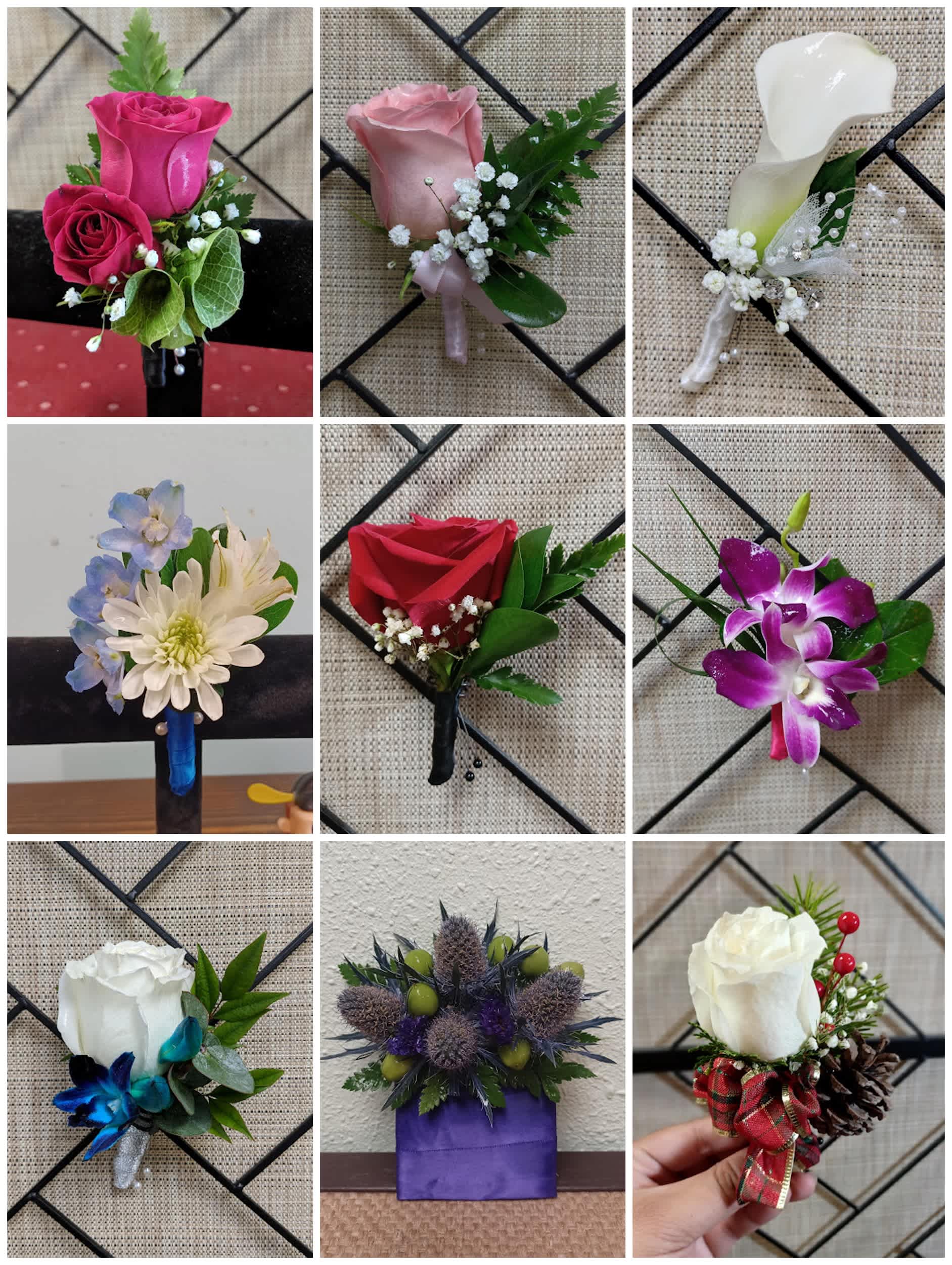 Collage of small floral boutonnieres and corsages in assorted colors