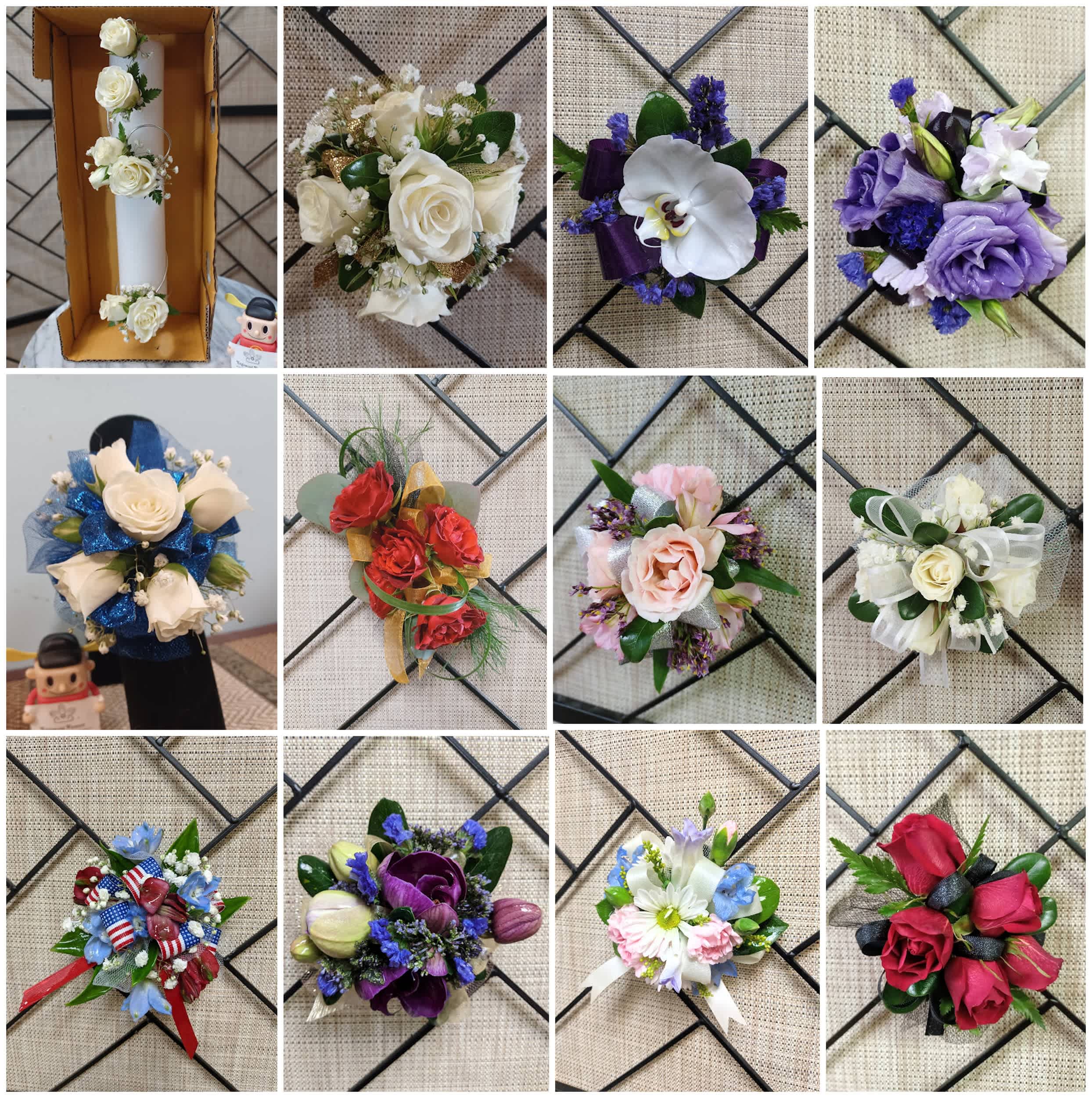 Custom Wristlet Corsage  - Hand-selected flowers turned into a corsage for that special day or special event. You can select the main flower type (generally a rose or orchid) and the accessory colors to match your outfit. We will add all the bling and glitter to wow your date! Indicate in special instructions the color schemes needed to complete the entire look--not doing so will delay the design process.  Regular wristlet corsage is about 4 inches. Deluxe wristlet corsage is about 5 inches. Premium wristlet corsage is about 6 inches.   Cannot be delivered or picked up on the same day as we need 24-hour notice to prepare this item.