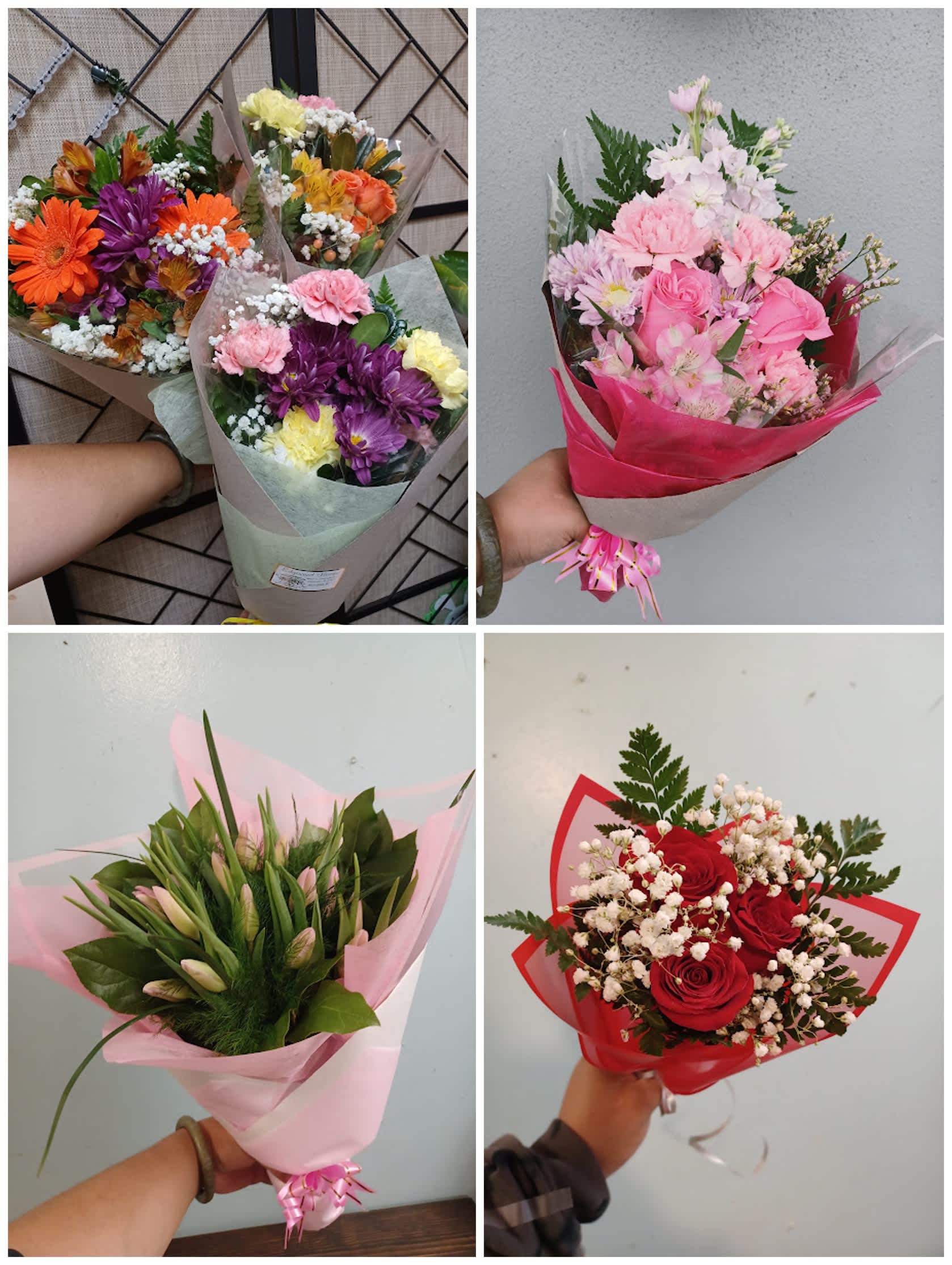 Collage of hand-held bouquets with mixed flowers, roses, and baby’s breath
