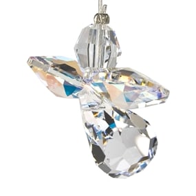 Small faceted crystal angel ornament with a teardrop body and outstretched wings on a hanging cord