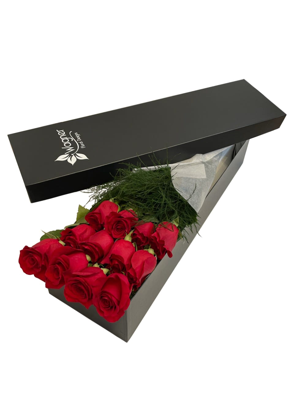 Box of red roses with greenery in a black gift box