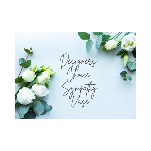 White roses and eucalyptus frame a sympathy vase sign