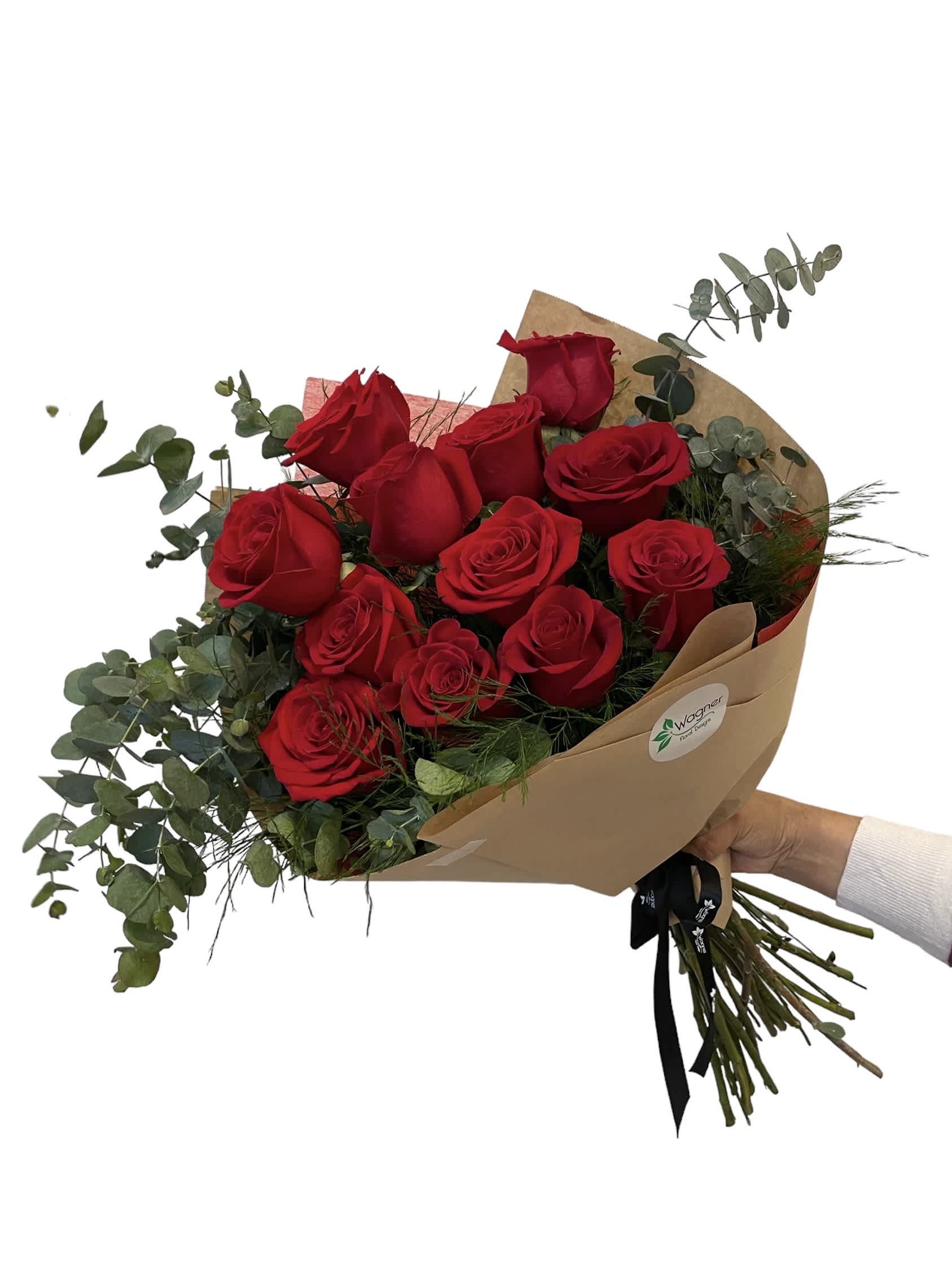 1 Dozen Red Roses Wrapped Bouquet - 12 Red roses and eucalyptus wrapped in red and brown paper as shown in the photo.