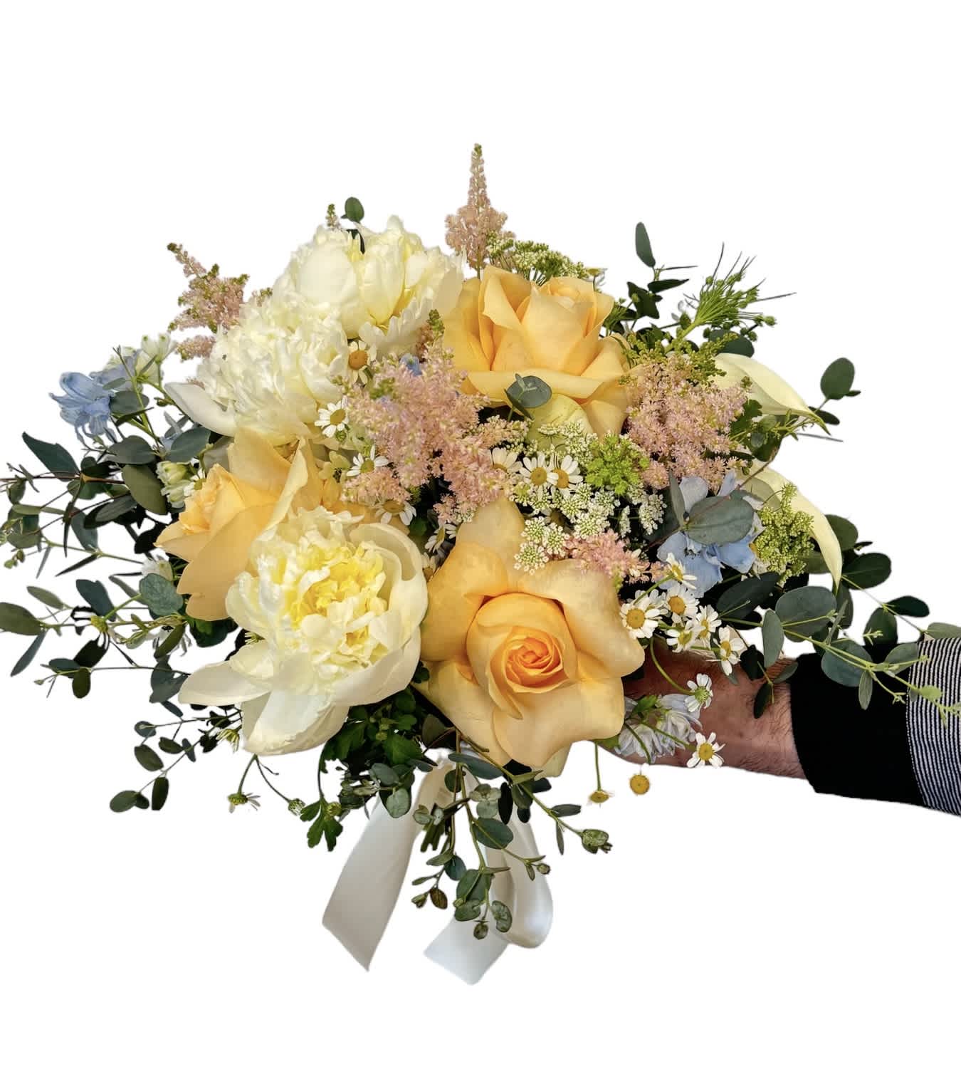 Spring Colors Wedding Bouquet - Spring flowers round wedding bouquet.  Cream, white, light pink, light blue. 