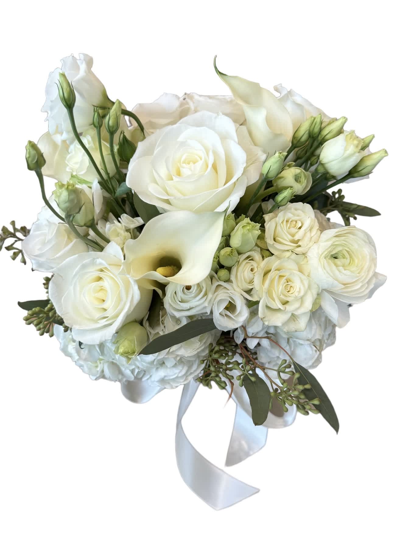 White rose and calla lily bouquet with a satin ribbon