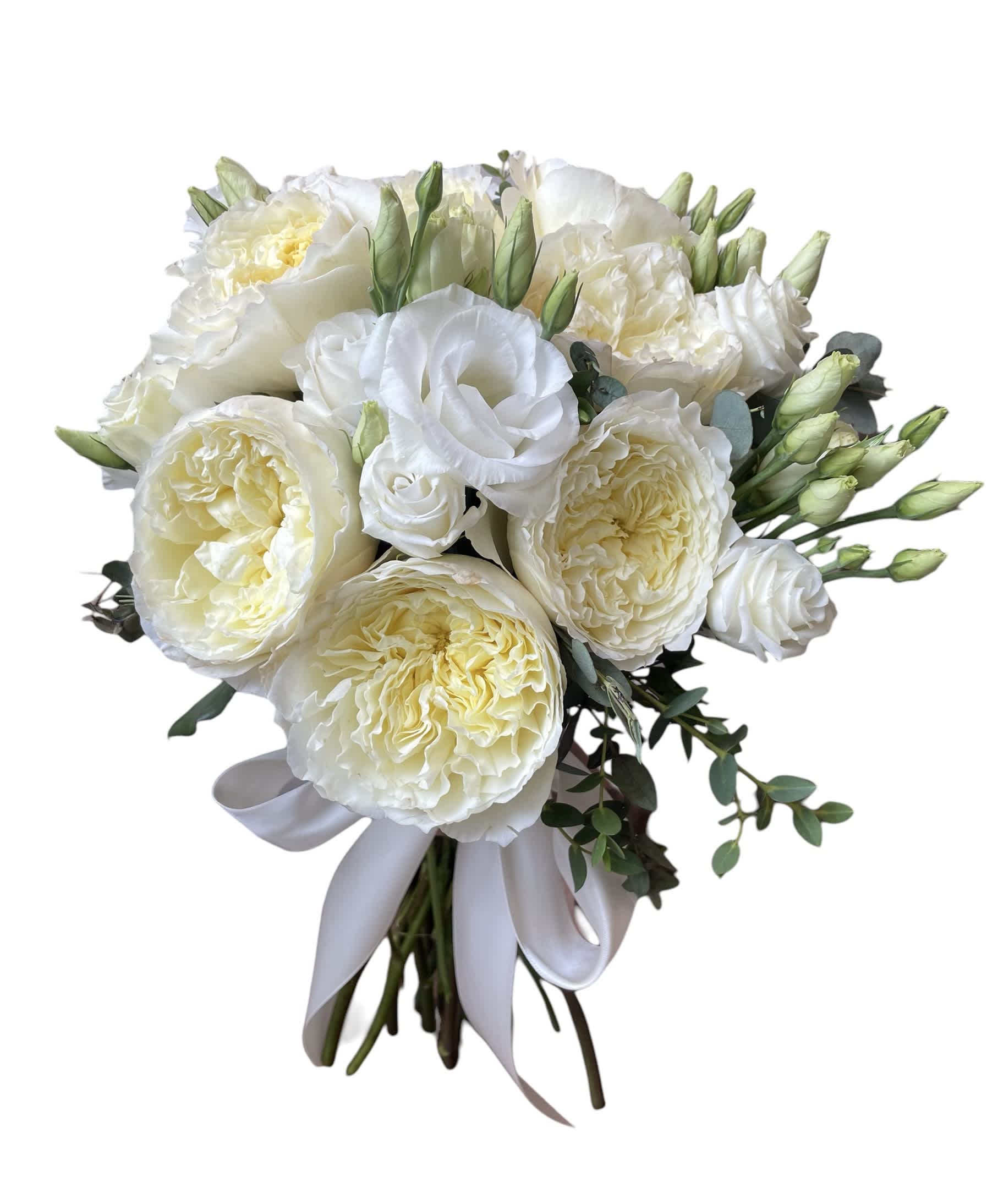 White and cream bouquet of roses and lisianthus tied with a white ribbon