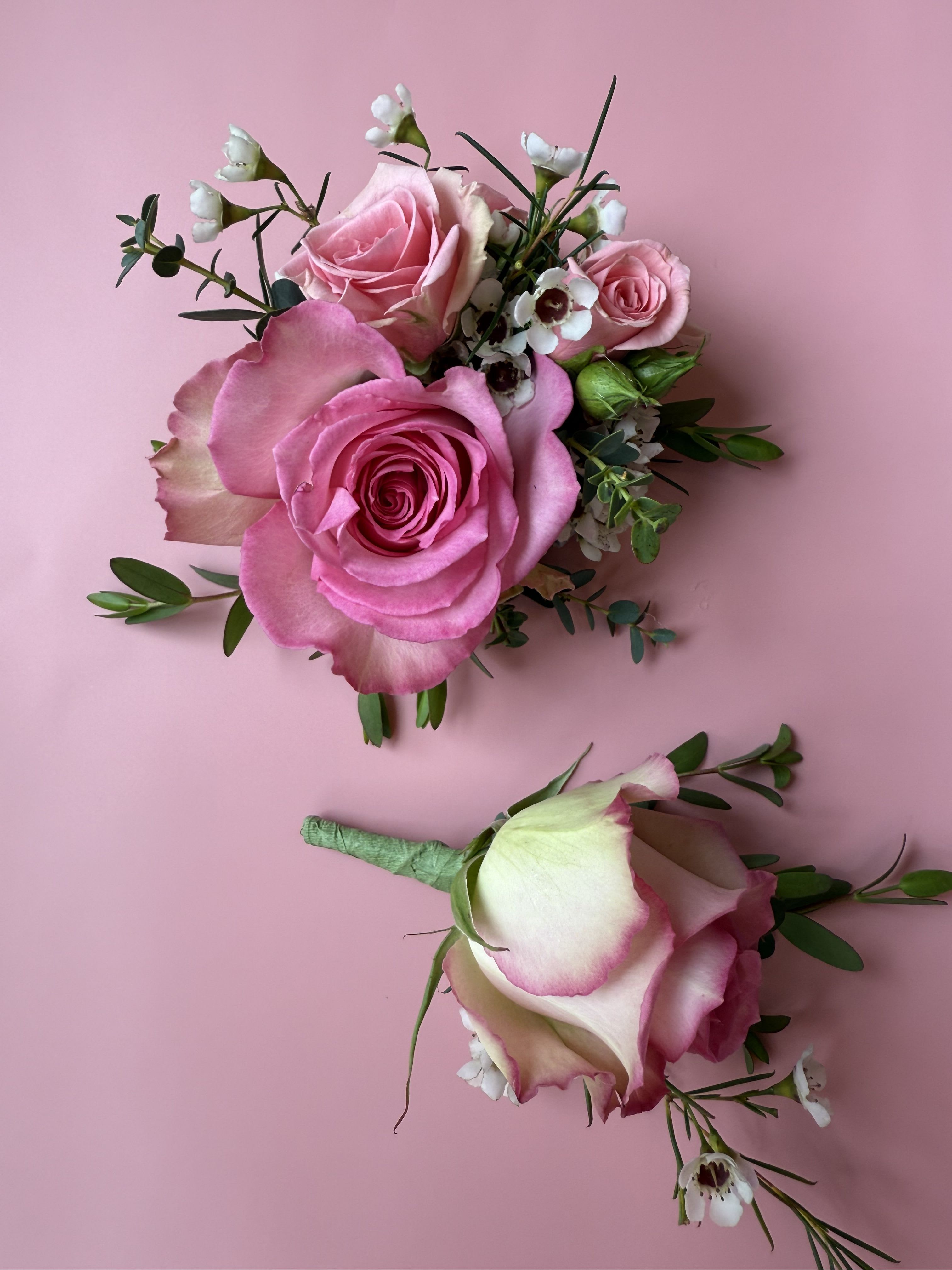 Pink rose bouquet and matching boutonniere on a pink background