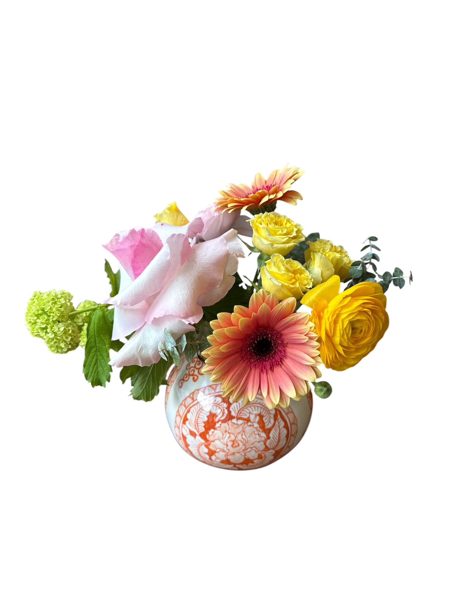 Summer Whisper - Beautiful round vase with rose, spray rose, gerbera daisy, ranunculus, viburnum and eucalyptus. As shown in photo.