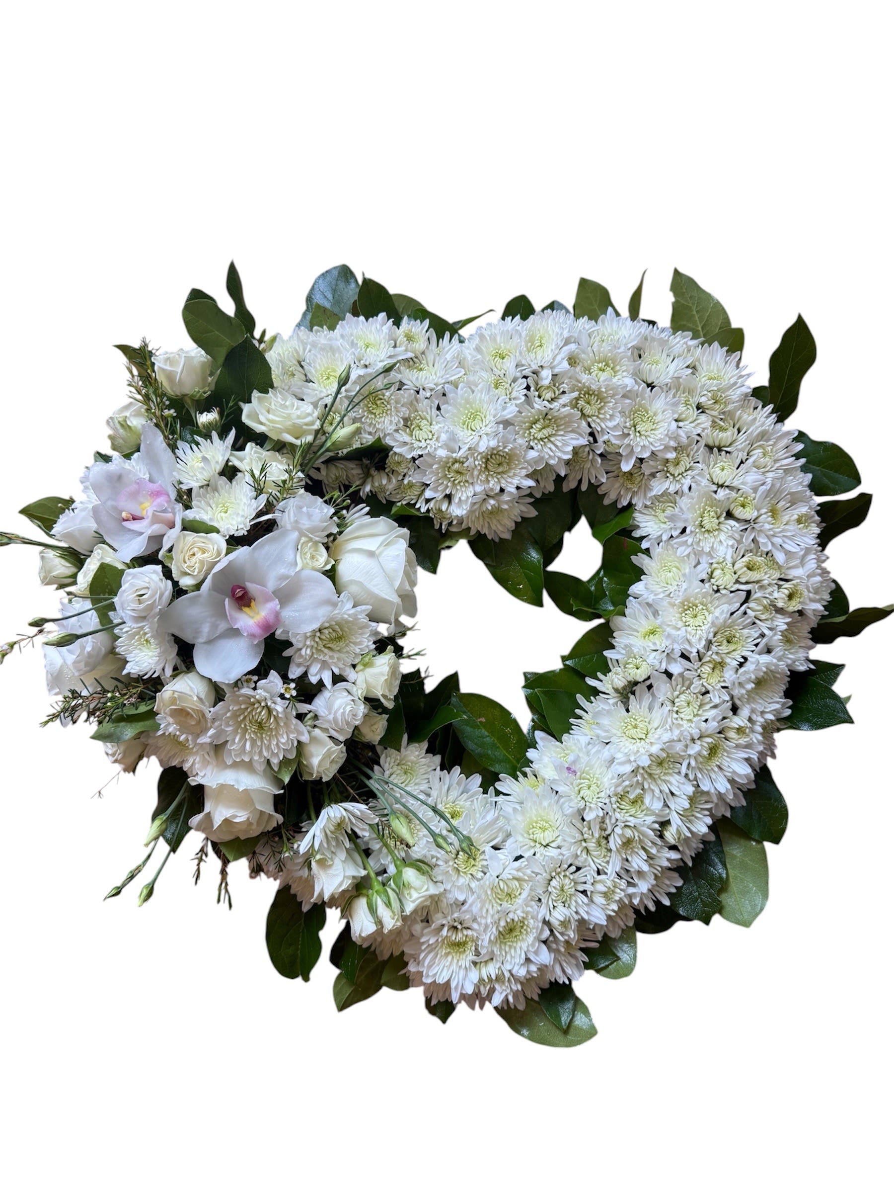 Open Heart Sympathy Standing Spray - All white 18-inch open heart standing spray with all white flowers, as shown in photo.