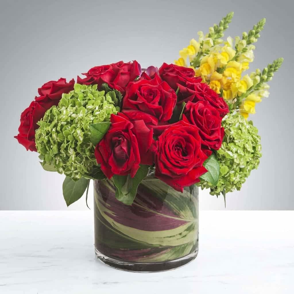 A Seleção - Portugal - Bold, patriotic and full of energy - this floral arrangement celebrates the FIFA World Cup with a luxe nod to Portugal: a red-and-green bouquet punctuated by sunny yellow. As a soccer-themed gift or game-day centerpiece, this flower arrangement brings spirited color and elegant height to celebrations, fan parties, or to let the person you're thinking of know you're cheering them on.  A dense cluster of red roses anchors the design in a clear cylindrical glass vase, creating a rich, romantic focal point. Rounded green hydrangea blooms flank the roses for lush volume and contrast, while tall yellow snapdragons rise behind for vertical movement and bright accents. The glass vase keeps the look clean and modern; overall the palette reads bold and fresh with thoughtfully curated blooms placed by our designer for a personal, refined finish.  Perfect for match-day gatherings, congratulating a fan, or sending as a spirited thank-you, this arrangement is sized to make an impact on tabletops and mantels. Care is simple: keep in fresh water, trim stems every few days, and place away from direct heat to extend bloom life - an attention-grabbing gift that will make the recipient feel truly celebrated during the World Cup and beyond.