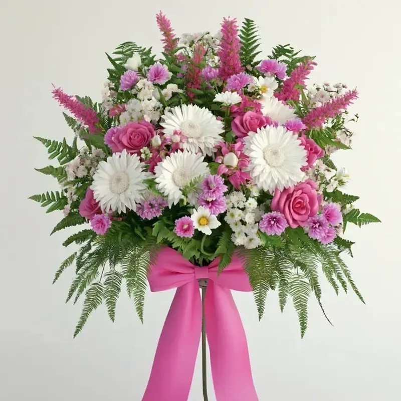 Sweet Spray - A rounded, ceremonial standing spray that speaks with gentle confidence-Sweet Spray is a sympathy flower arrangement designed to offer comfort and remembrance. This large standing spray and easel arrangement features a bright pink-and-white palette suited for memorials, funerals, and moments when you want the person you're honoring to feel deeply seen and remembered.  The composition combines bright pink roses and smaller pink spray blooms with prominent white daisy-like flowers, carnations and mixed filler blooms, all framed by lush fern fronds and other greenery for a layered, full silhouette. A long pink ribbon and an elegant pink ribbon bow cascade from the base, and the piece is presented on a sturdy standing easel for a formal, upright display.  Choose Sweet Spray when you want to express sympathy, celebrate a life, or send condolences in a tasteful, uplifting way; the generous size and ceremonial shape make it visible at services and viewings. Arrange delivery to the service location and follow simple care by keeping the foam moist until placement so the flowers arrive fresh and dignified.