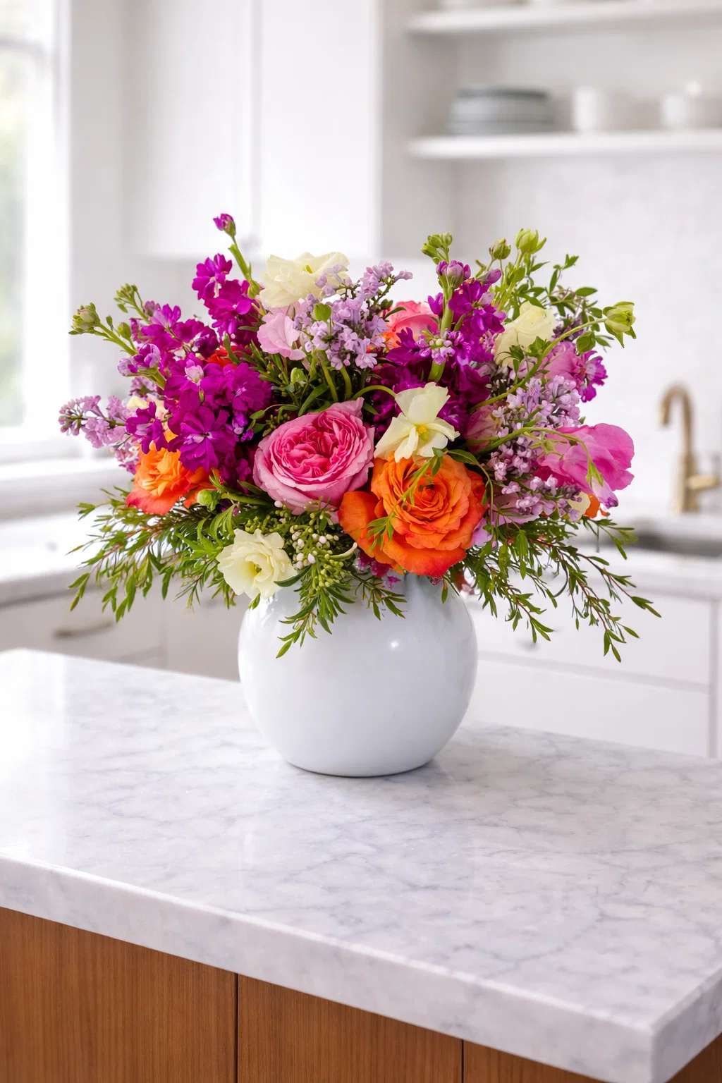 Mixed pink, orange, and white flowers arranged in a white vase