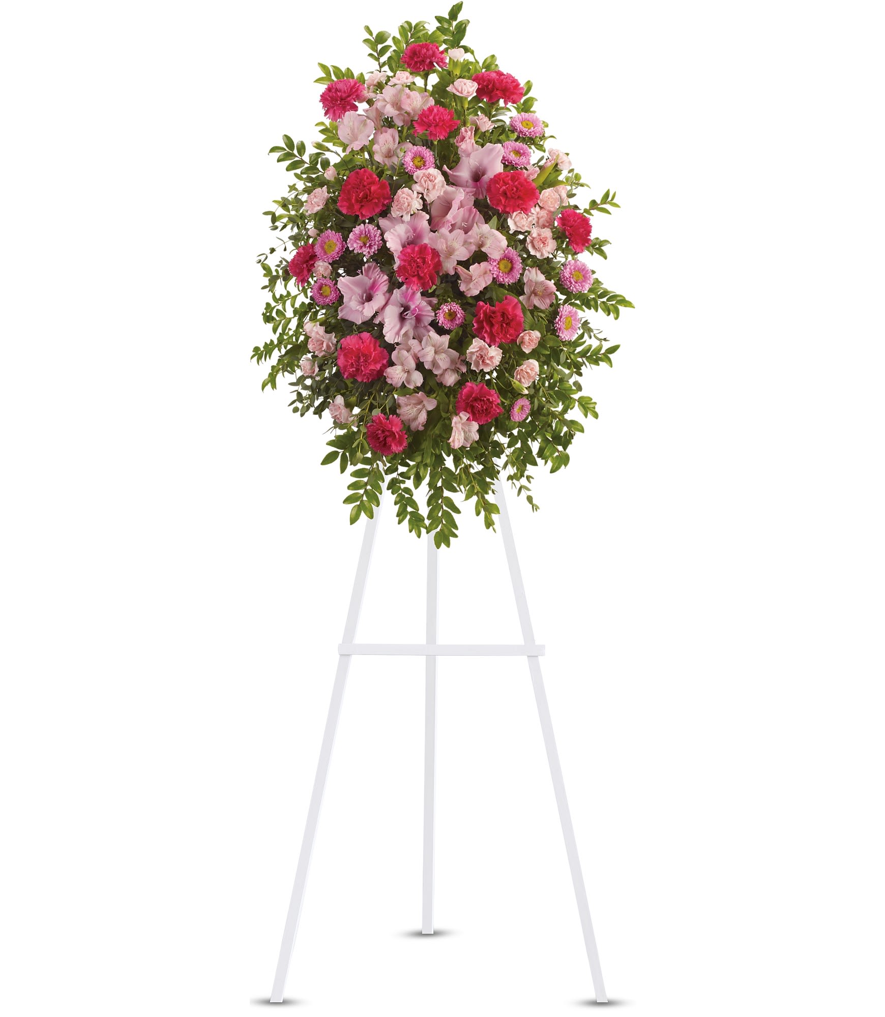 Standing floral spray with pink and magenta flowers on a white easel