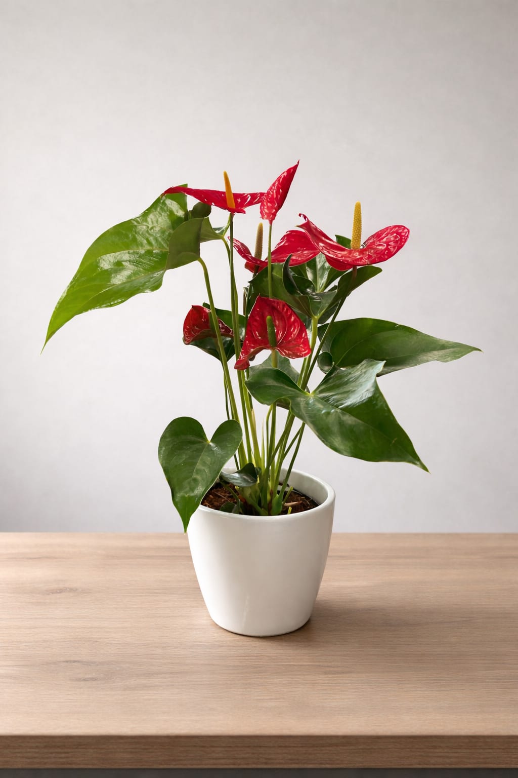 Potted anthurium plant with red blooms in a white ceramic pot