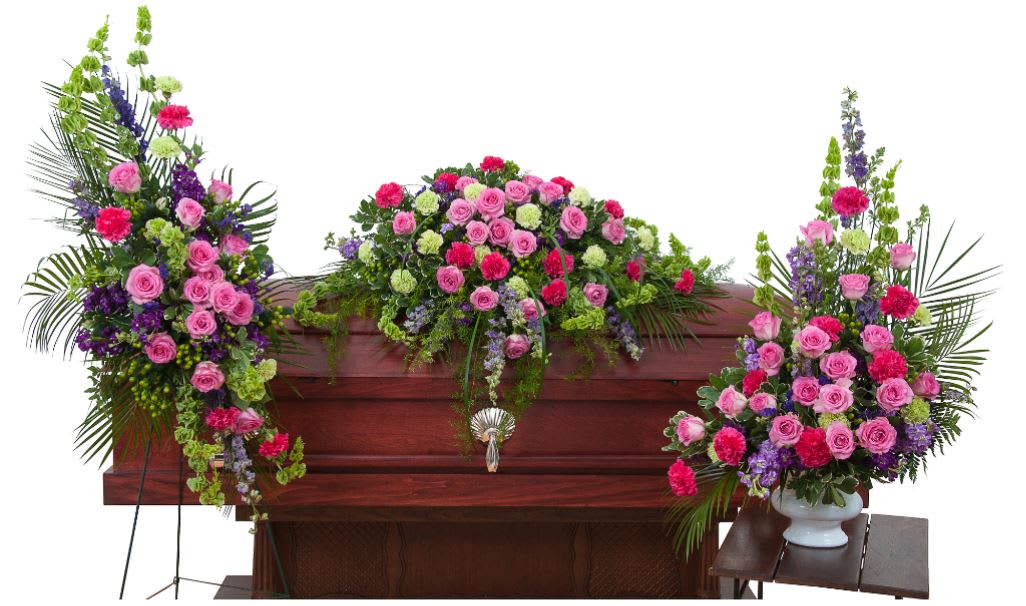 Forever Cherished Funeral Flowers Set ( 2 Day Min Before Service) - Forever Cherished Funeral Flowers Set includes: combines seasonal pink, purple and, green flowers casket spray, sympathy urn and standing wreath