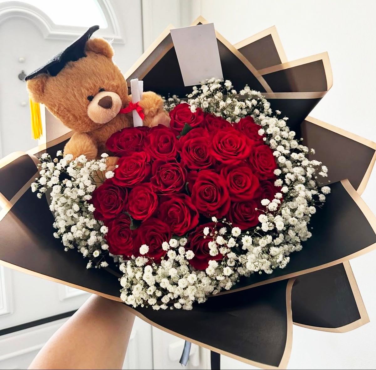 Graduation Bouquet of 20 Red Roses - Graduation Bouquet of 20 Red Roses with Plush Bear and accents of Baby Breath