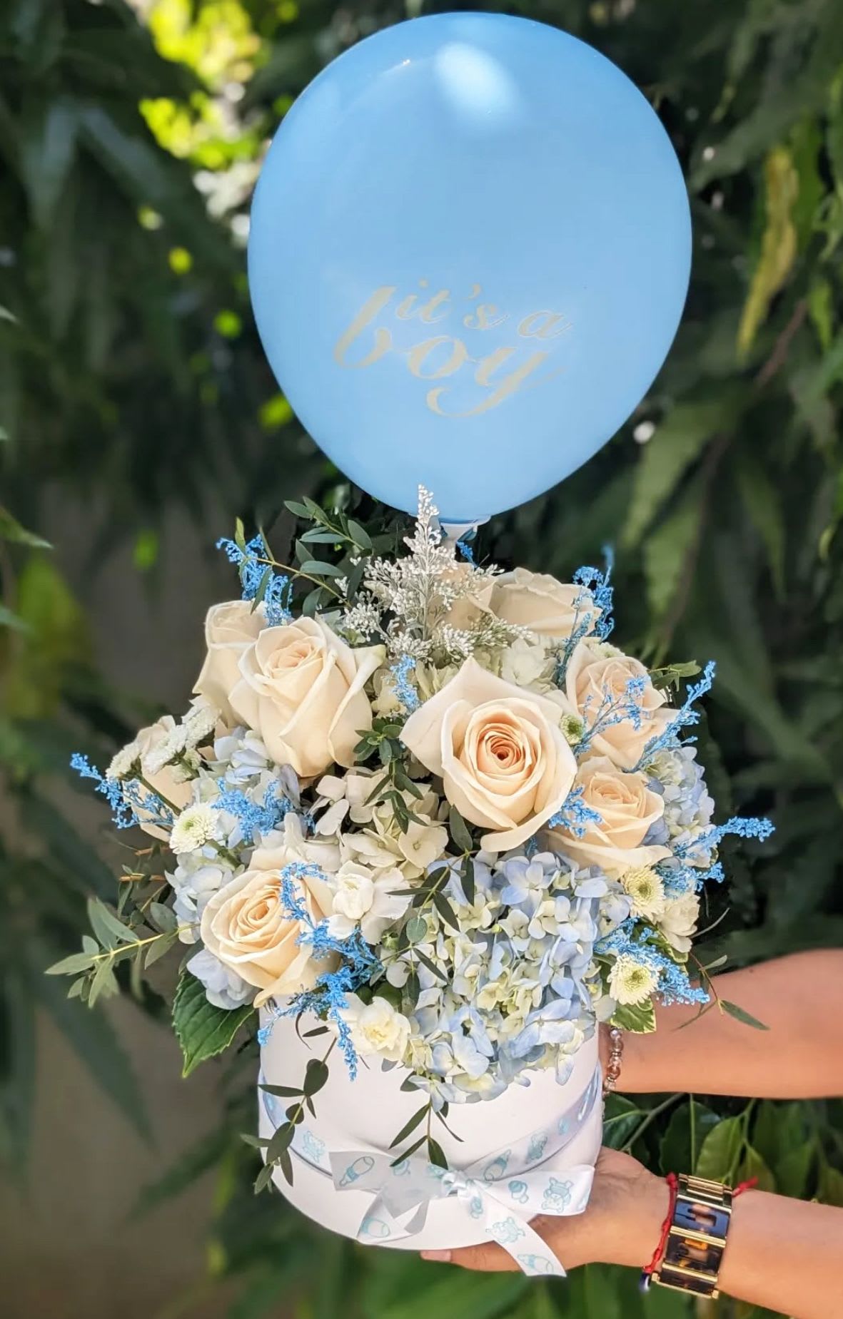 Its a Boy Welcome Box  - Light Blue Box of Roses and Hydrangeas with Accents of Eucalyptus. *** BALLOON INCLUDED, YOU CAN CUSTOM THE MESSAGE****