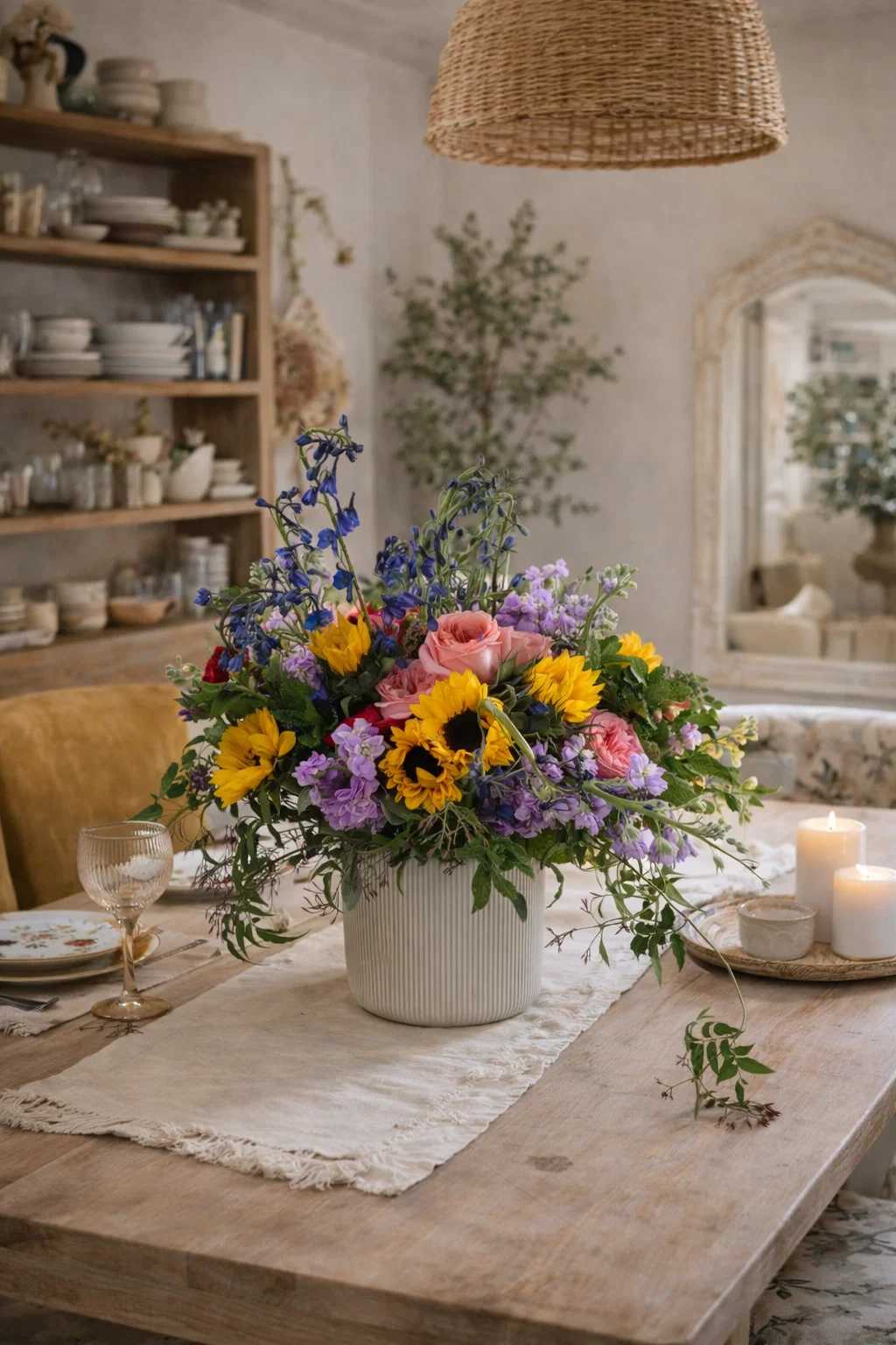 Mixed bouquet in a white vase with sunflowers, pink roses, and purple blooms
