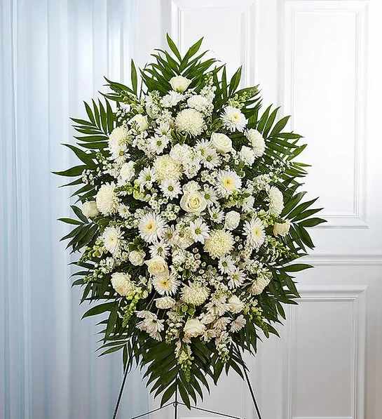 White funeral spray with daisies and roses on a stand