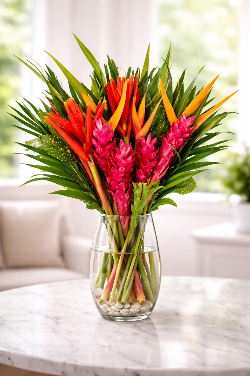 Tropical bouquet of pink and orange flowers in a clear glass vase