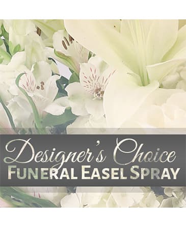 White funeral easel spray with lilies and alstroemeria