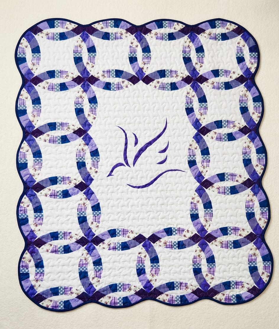 Shades of Purple Peace Rings Throw  - A cozy quilted throw patterned with interlocking peace ring motifs in shades of purple and lavender-perfect as a thoughtful housewarming gift or a calming accent for a bedroom or living room. This functions as a decorative throw for occasions like birthdays, anniversaries, or to say "thinking of you," offering the kind of comfort that makes the person you care about feel wrapped in calm, handcrafted warmth.  Handmade character shows in the mixed patchwork of small checks, florals and solid fabrics that form the repeating rings around a wide white center field. A simple purple appliqué anchors the middle while a dark purple scalloped binding finishes the edge; dense quilting gives the throw structure and a tactile, stitched texture. Measures 50 x 60 inches and arrives ready to gift-ideal for draping over a sofa, folding at the foot of a bed.  Choose Deluxe to add easel to order for presentation. 