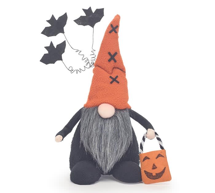 Halloween gnome plush with orange hat and pumpkin bag